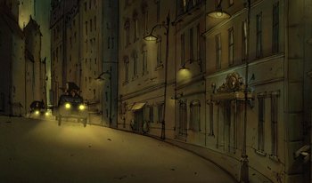 Movie still from “The Triplets of Belleville” (2003), directed by Sylvain Chomet – An artistic drawing of a city street at night; Extreme Wide shot, Low angle