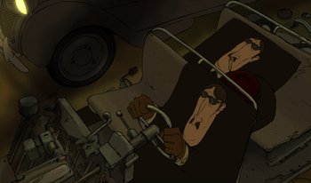 Movie still from “The Triplets of Belleville” (2003), directed by Sylvain Chomet – An animated picture of a man driving a car; Close Up shot, High angle