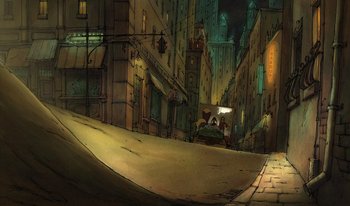 Movie still from “The Triplets of Belleville” (2003), directed by Sylvain Chomet – An illustration of an empty city street at night; Extreme Wide shot, High angle