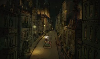Movie still from “The Triplets of Belleville” (2003), directed by Sylvain Chomet – An animated street scene with a car driving down the street; Extreme Wide shot, High angle