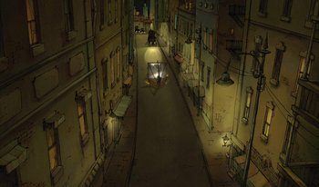 Movie still from “The Triplets of Belleville” (2003), directed by Sylvain Chomet – An illustration of an alley at night with lights; Extreme Wide shot, Overhead angle