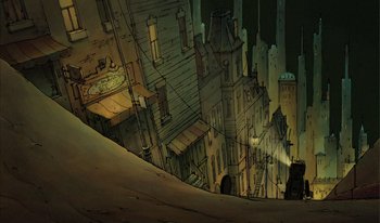 Movie still from “The Triplets of Belleville” (2003), directed by Sylvain Chomet – An artistic drawing of an old city at night; Extreme Wide shot, Overhead angle