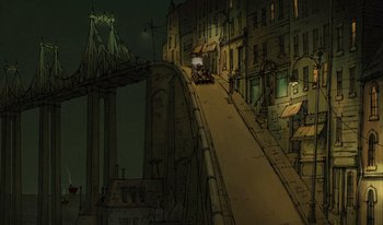 Movie still from “The Triplets of Belleville” (2003), directed by Sylvain Chomet – An illustration of a street with a bridge in the background; Extreme Wide shot, High angle