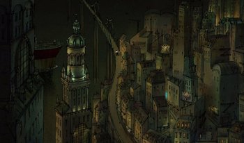 Movie still from “The Triplets of Belleville” (2003), directed by Sylvain Chomet – An aerial view of a city at night with lights on buildings; Extreme Wide shot, Overhead angle