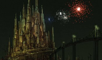 Movie still from “The Triplets of Belleville” (2003), directed by Sylvain Chomet – Fireworks are being lit over a city at night; Extreme Wide shot, Low angle
