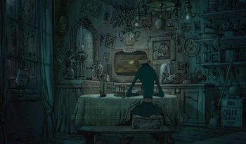 Movie still from “The Triplets of Belleville” (2003), directed by Sylvain Chomet – A man sitting at a table in front of a television; Wide shot, High angle
