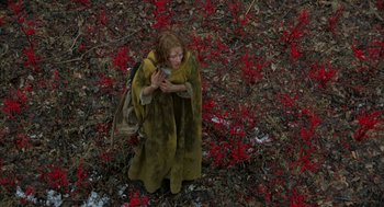 Movie still from “The Village” (2004), directed by M. Night Shyamalan – A woman standing in the middle of a field covered in red leaves; Wide shot, Overhead angle