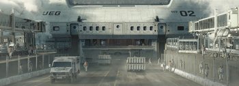 Movie still from “The Wandering Earth II” (2023), directed by Frant Gwo – An image of an alien ship in the middle of a hangar; Extreme Wide shot, High angle