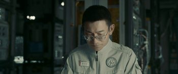 Movie still from “The Wandering Earth II” (2023), directed by Frant Gwo – A man wearing glasses and a white jacket; Close Up shot, Over the shoulder angle