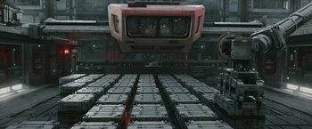 Movie still from “The Wandering Earth II” (2023), directed by Frant Gwo – An overhead view of a room filled with boxes; Extreme Wide shot, Overhead angle