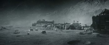 Movie still from “The Wandering Earth II” (2023), directed by Frant Gwo – A black - and - white photo of a desert landscape; Extreme Wide shot, High angle