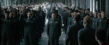 Movie still from “The Wandering Earth II” (2023), directed by Frant Gwo – A large group of people are standing in a hallway; Wide shot, High angle