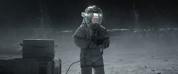 Movie still from “The Wandering Earth II” (2023), directed by Frant Gwo – A man in a spacesuit standing on the moon; Wide shot, High angle