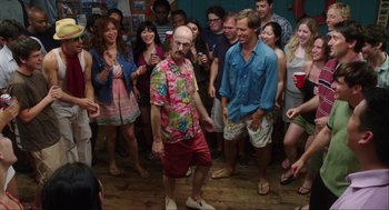 Movie still from “The Way Way Back” (2013), directed by Jim Rash – A group of people standing in a room; Wide shot, High angle