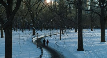 Movie still from “The Weather Man” (2005), directed by Gore Verbinski – Two people walking down a path in the snow; Extreme Wide shot, High angle