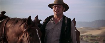 Movie still from “The Wild Bunch” (1969), directed by Sam Peckinpah – A man wearing a hat standing next to a horse; Close Up shot, Low angle