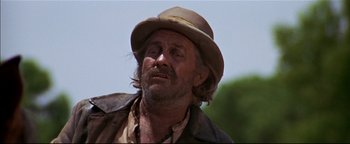 Movie still from “The Wild Bunch” (1969), directed by Sam Peckinpah – An old man with a hat and a beard; Close Up shot, Low angle