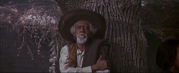 Movie still from “The Wild Bunch” (1969), directed by Sam Peckinpah – An old man with a beard wearing a cowboy hat; Medium shot, Low angle