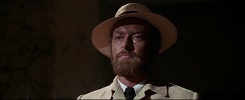 Movie still from “The Wild Bunch” (1969), directed by Sam Peckinpah – A person with a hat and beard; Close Up shot, Low angle