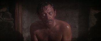Movie still from “The Wild Bunch” (1969), directed by Sam Peckinpah – A shirtless man in the shower looking at the camera; Close Up shot, Over the shoulder angle