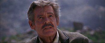Movie still from “The Wild Bunch” (1969), directed by Sam Peckinpah – An older man with a mustache and a beard; Close Up shot, Low angle