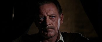 Movie still from “The Wild Bunch” (1969), directed by Sam Peckinpah – An old man with a mustache and blue eyes looking at the camera; Close Up shot, Over the shoulder angle