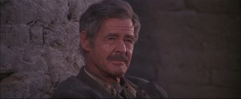 Movie still from “The Wild Bunch” (1969), directed by Sam Peckinpah – An older man with a mustache and a beard; Close Up shot, Low angle