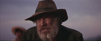 Movie still from “The Wild Bunch” (1969), directed by Sam Peckinpah – An old man with a beard wearing a brown hat; Close Up shot, Low angle