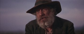 Movie still from “The Wild Bunch” (1969), directed by Sam Peckinpah – An old man with a beard wearing a brown hat; Close Up shot, Low angle