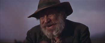 Movie still from “The Wild Bunch” (1969), directed by Sam Peckinpah – An old man with a beard wearing a brown hat; Close Up shot, Low angle