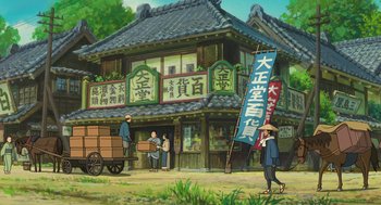 Movie still from “The Wind Rises” (2013), directed by Hayao Miyazaki – An asian market with a cart and people walking around it; Extreme Wide shot, Low angle