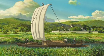 Movie still from “The Wind Rises” (2013), directed by Hayao Miyazaki – A painting of a sail boat in the water; Extreme Wide shot, Low angle