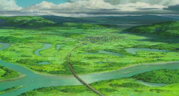 Movie still from “The Wind Rises” (2013), directed by Hayao Miyazaki – An aerial view of a river with a bridge going across it; Extreme Wide shot, High angle