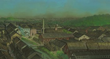 Movie still from “The Wind Rises” (2013), directed by Hayao Miyazaki – An oil painting of an old town in the middle of the day; Extreme Wide shot, High angle