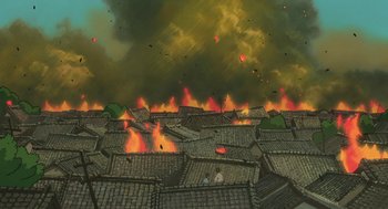 Movie still from “The Wind Rises” (2013), directed by Hayao Miyazaki – An illustration of a fire that is coming out of the roof of a building; Extreme Wide shot, High angle