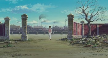 Movie still from “The Wind Rises” (2013), directed by Hayao Miyazaki – A person is walking down the street towards a factory; Extreme Wide shot, High angle