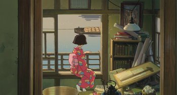 Movie still from “The Wind Rises” (2013), directed by Hayao Miyazaki – An asian woman in a kimono looking out of a window; Wide shot, High angle