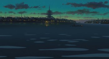 Movie still from “The Wind Rises” (2013), directed by Hayao Miyazaki – An illustration of a body of water at night; Extreme Wide shot, High angle