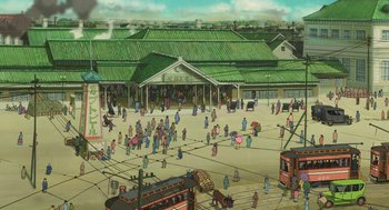 Movie still from “The Wind Rises” (2013), directed by Hayao Miyazaki – A painting of a crowd of people walking on the street; Extreme Wide shot, High angle