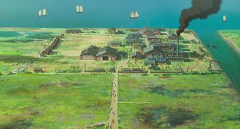 Movie still from “The Wind Rises” (2013), directed by Hayao Miyazaki – An aerial view of a town with a boat in the distance; Extreme Wide shot, High angle