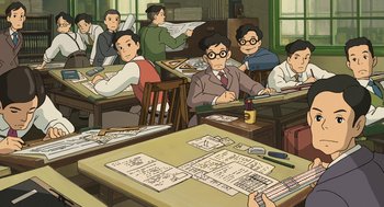 Movie still from “The Wind Rises” (2013), directed by Hayao Miyazaki – A group of people sitting at tables in a room; Wide shot, High angle