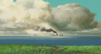 Movie still from “The Wind Rises” (2013), directed by Hayao Miyazaki – An oil painting of a boat in the ocean; Extreme Wide shot, Low angle