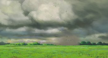 Movie still from “The Wind Rises” (2013), directed by Hayao Miyazaki – An oil painting of a green field under a cloudy sky; Extreme Wide shot, Low angle