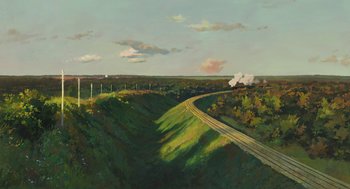 Movie still from “The Wind Rises” (2013), directed by Hayao Miyazaki – An oil painting of a train track going through the countryside; Extreme Wide shot, Low angle