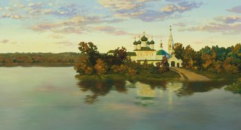 Movie still from “The Wind Rises” (2013), directed by Hayao Miyazaki – An oil painting of a church on a small island in the middle of a lake; Extreme Wide shot, Low angle