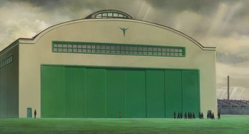 Movie still from “The Wind Rises” (2013), directed by Hayao Miyazaki – A group of people standing in front of a large building; Extreme Wide shot, Low angle