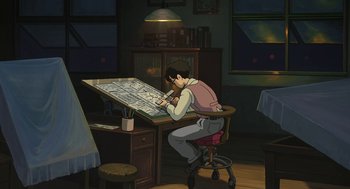 Movie still from “The Wind Rises” (2013), directed by Hayao Miyazaki – An animated person is drawing at a table; Wide shot, High angle