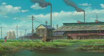 Movie still from “The Wind Rises” (2013), directed by Hayao Miyazaki – An old farm with a horse drawn carriage in front of a factory; Extreme Wide shot, Low angle