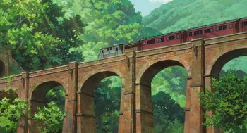Movie still from “The Wind Rises” (2013), directed by Hayao Miyazaki – A painting of a train going over a bridge; Extreme Wide shot, Low angle