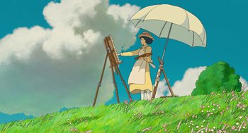 Movie still from “The Wind Rises” (2013), directed by Hayao Miyazaki – An animated woman painting a picture on a hill with an umbrella; Wide shot, Low angle